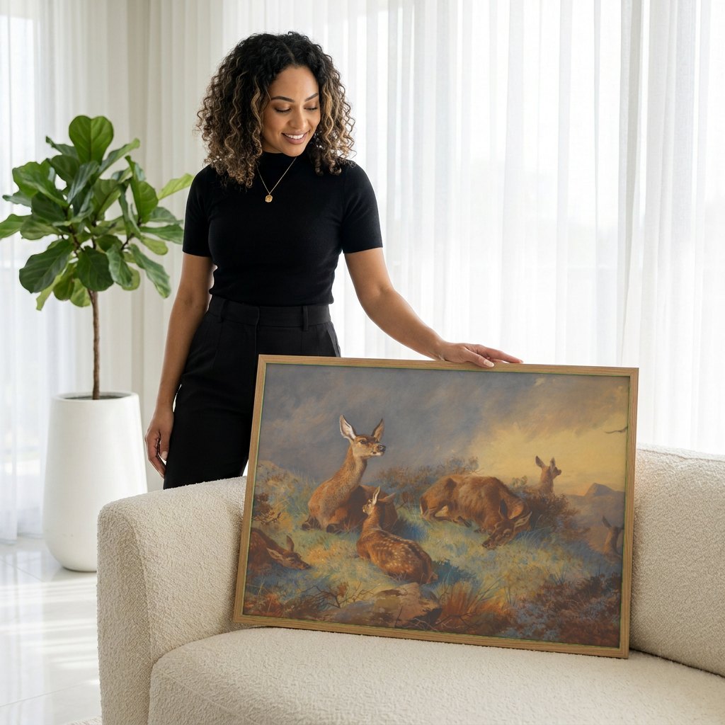 Quadro Decorativo: Veados no Pântano - Archibald Thorburn | modelo apresentando o quadro emoldurado