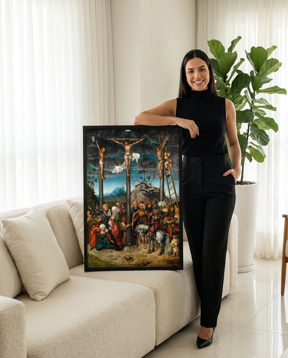 Quadro Decorativo A Crucificação - Cranach, o Velho | modelo apresentando o quadro emoldurado