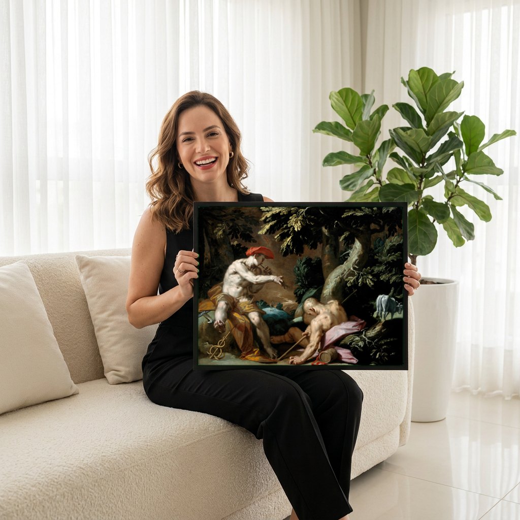 Quadro Decorativo Mercúrio e Argos - Abraham Bloemaert | modelo apresentando o quadro emoldurado