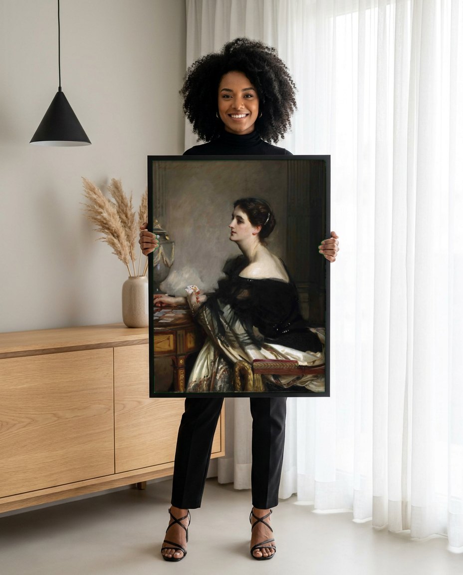 Quadro Decorativo Senhora com Cartas - John Singer Sargent | modelo apresentando o quadro emoldurado