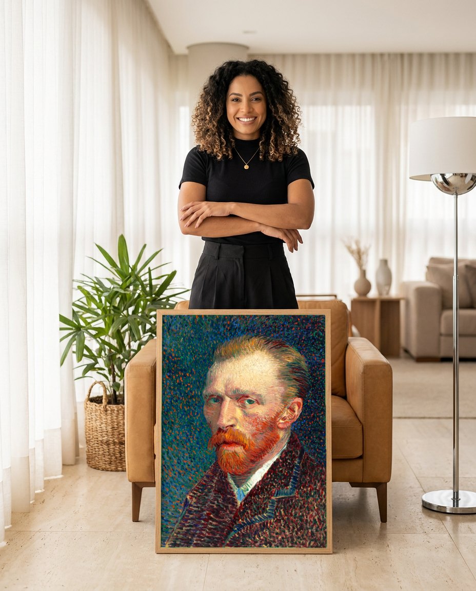 Quadro Decorativo Autorretrato - Van Gogh | modelo apresentando o quadro emoldurado