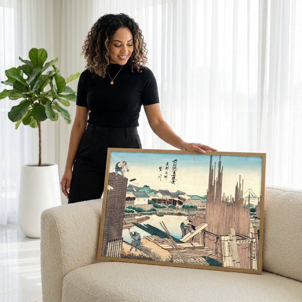 Quadro Decorativo A Ponte Eitai em Edo - Hokusai | modelo apresentando o quadro emoldurado