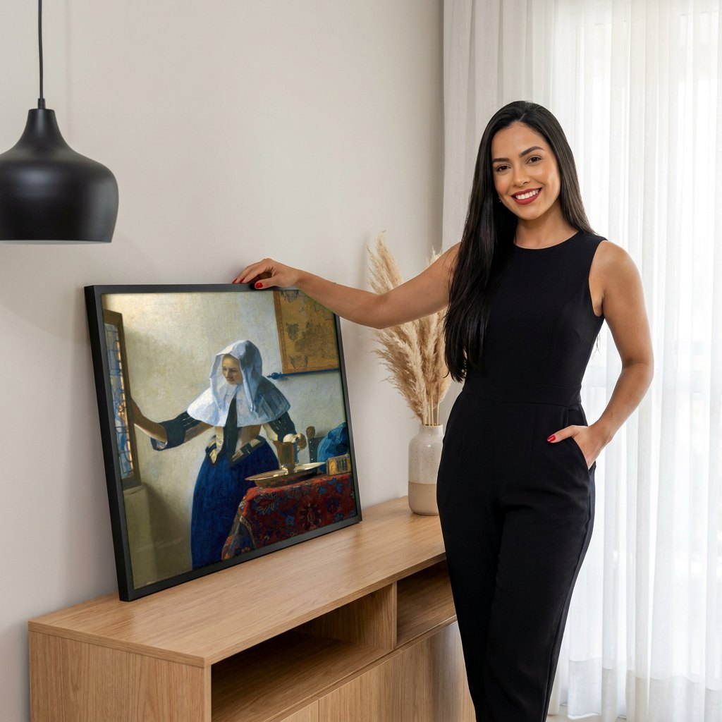 Quadro Decorativo A Mulher na Janela - Johannes Vermeer | modelo apresentando o quadro emoldurado
