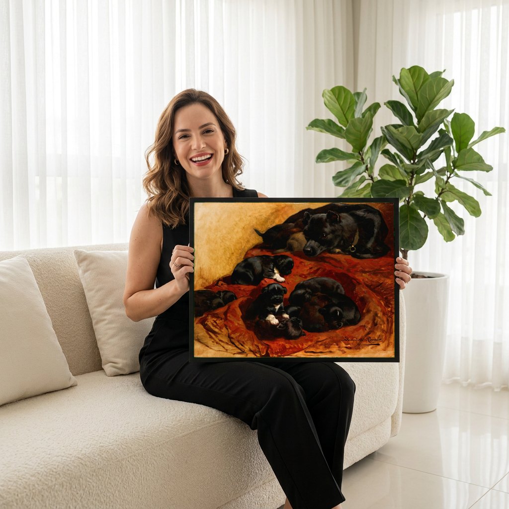 Quadro Decorativo Cadelinha e Filhotes - Henriëtte Ronner-Knip | modelo apresentando o quadro emoldurado