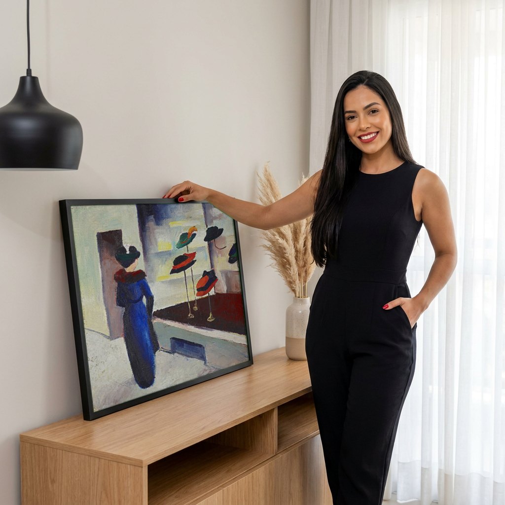 Quadro Decorativo A Mulher na Loja de Chapeus - August Macke | modelo apresentando o quadro emoldurado