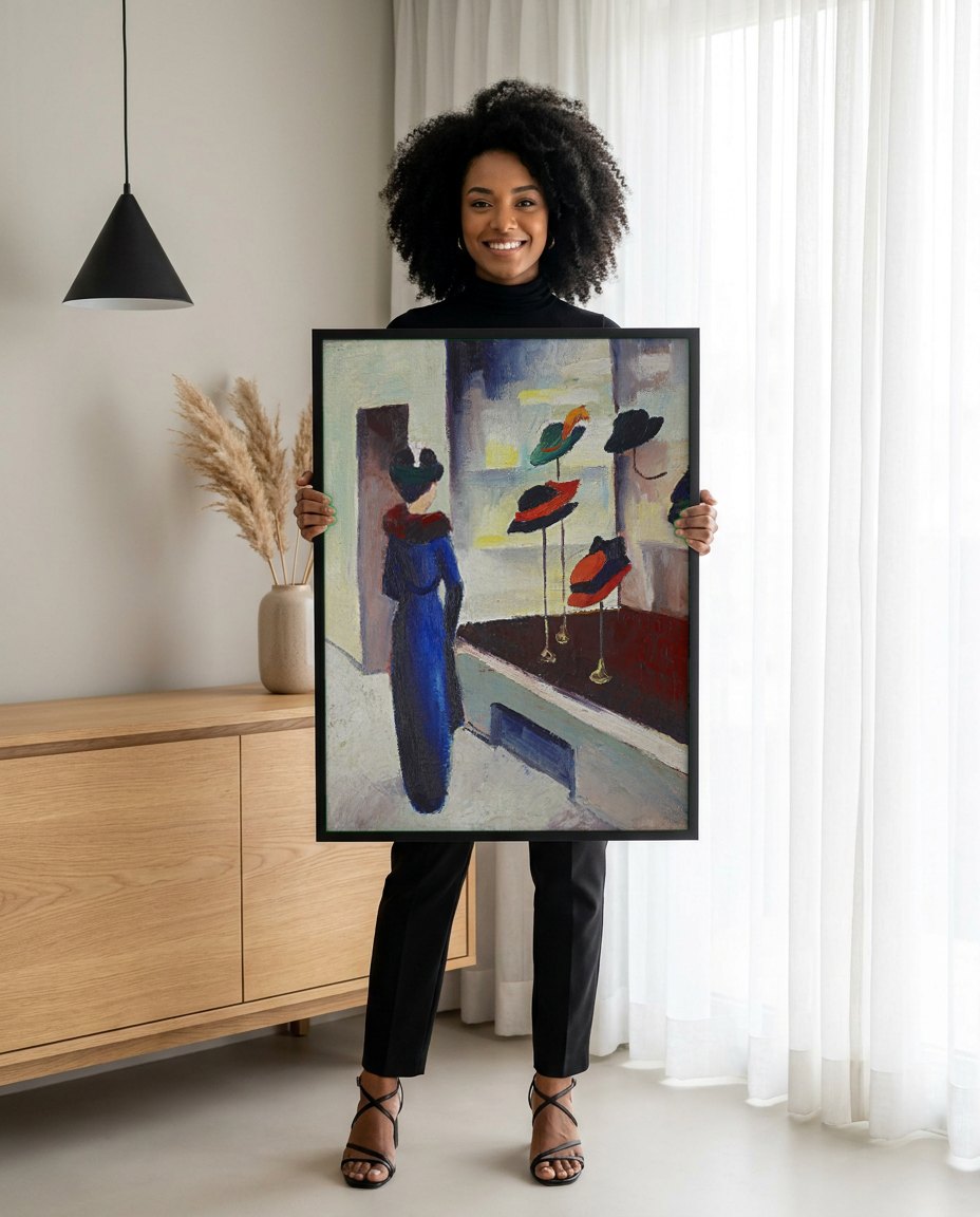 Quadro Decorativo A Mulher na Loja de Chapeus - August Macke | modelo apresentando o quadro emoldurado