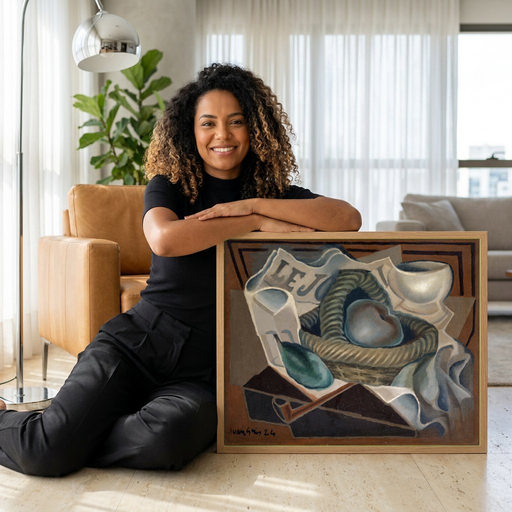 Quadro Decorativo Cesto de Frutas e Cachimbo - Juan Gris | modelo apresentando o quadro emoldurado