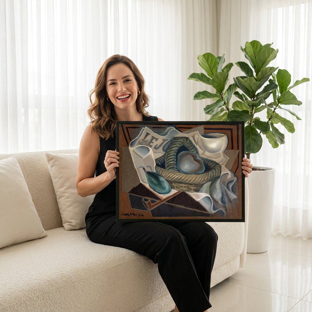 Quadro Decorativo Cesto de Frutas e Cachimbo - Juan Gris | modelo apresentando o quadro emoldurado