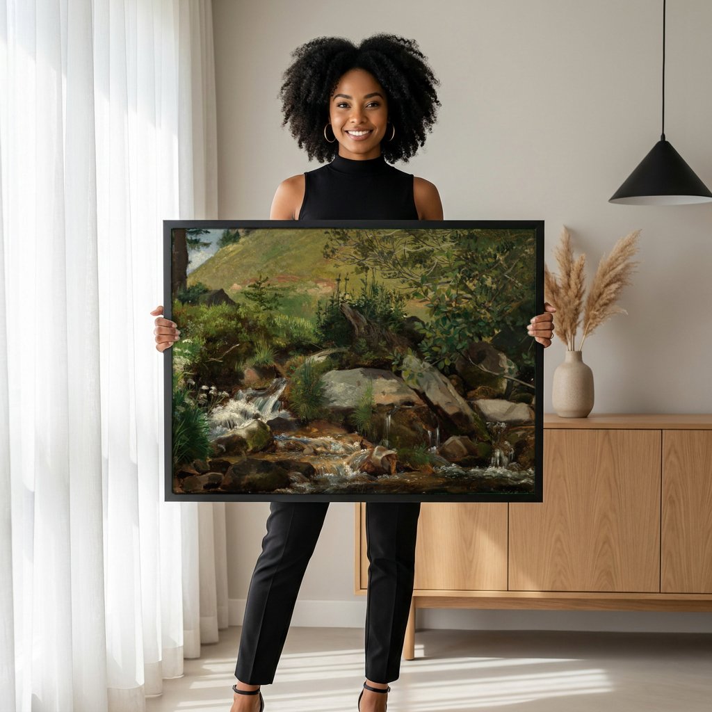 Quadro Decorativo Córrego na Floresta - Hans Thoma com modelo em ambiente