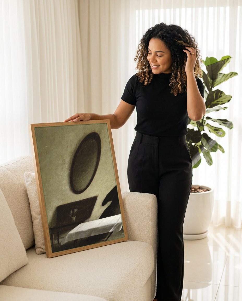 Quadro Decorativo Interior com Mulher - Hammershøi com modelo em ambiente