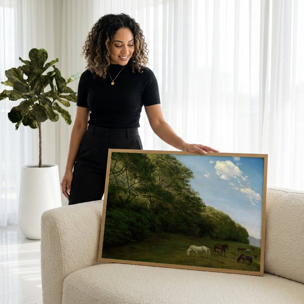 Quadro Decorativo Cavalos em Paisagem - Hans Thoma com modelo em ambiente