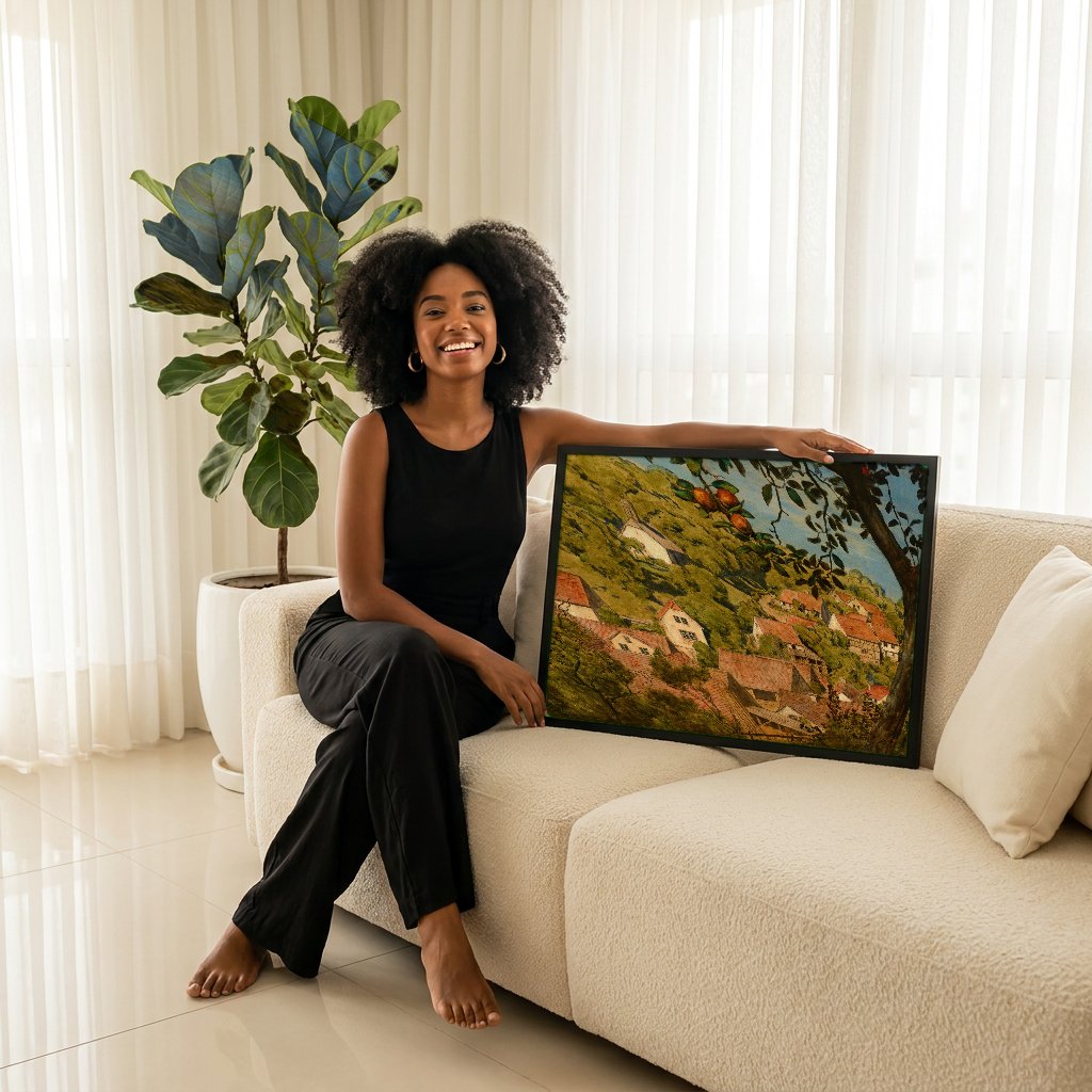 Quadro Decorativo Aldeia entre Folhas - Hans Thoma com modelo em ambiente