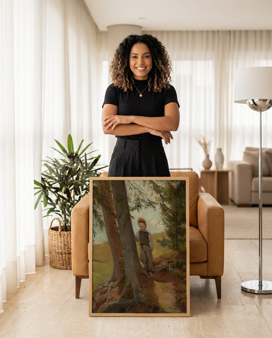 Quadro Decorativo Criança na Floresta - Hans Thoma com modelo em ambiente