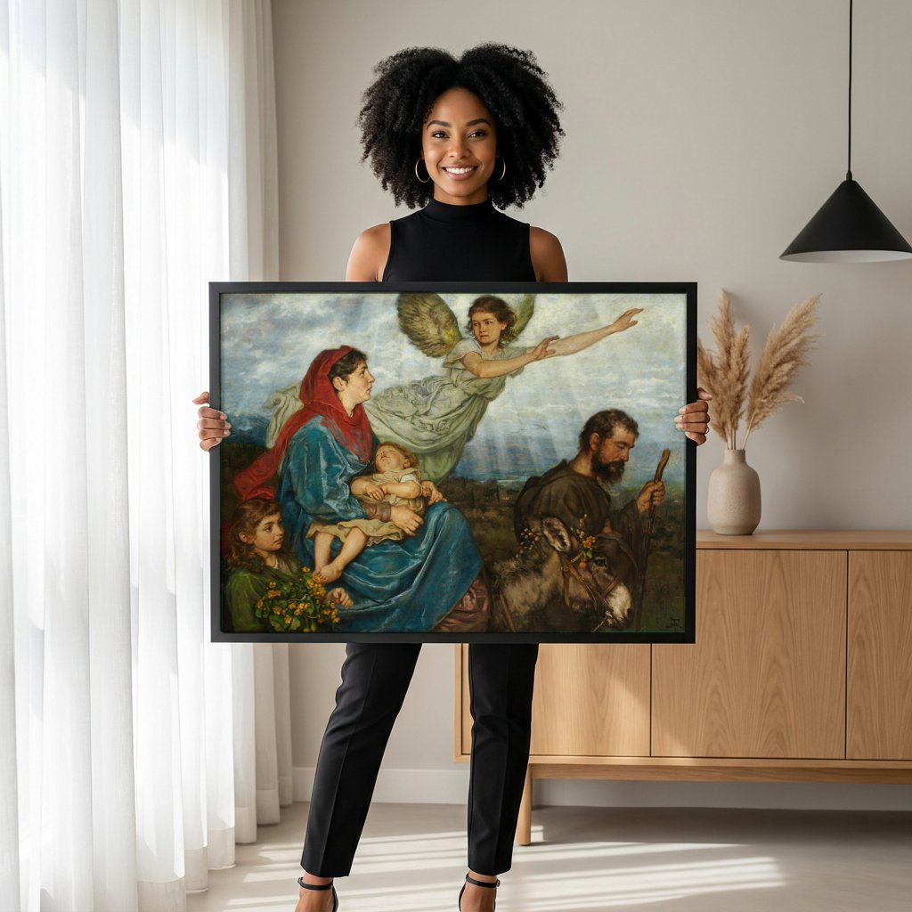 Quadro Decorativo A Fuga para o Egito - Hans Thoma com modelo em ambiente