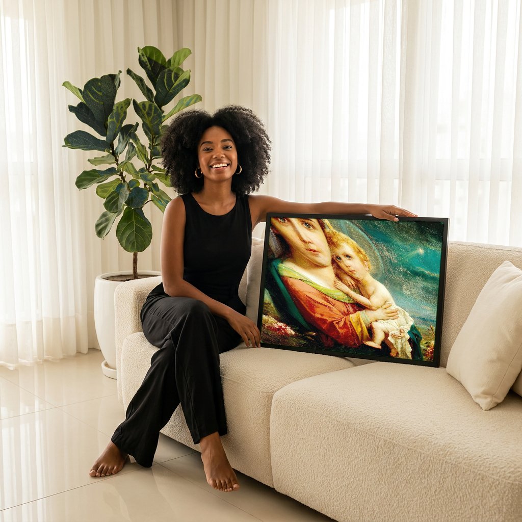 Quadro Decorativo Madona com o Menino - Hans Zatzka com modelo em ambiente