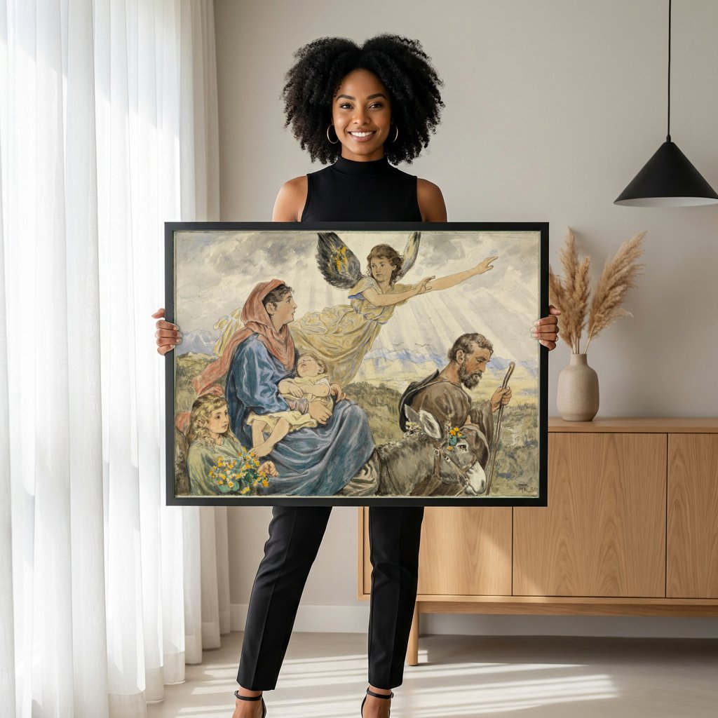 Quadro Decorativo A Fuga para o Egito - Hans Thoma com modelo em ambiente