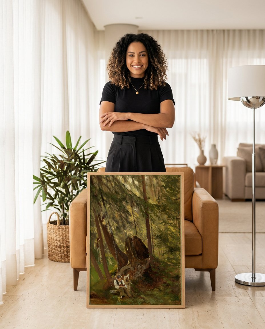 Quadro Decorativo Criança na Floresta - Hans Thoma com modelo em ambiente
