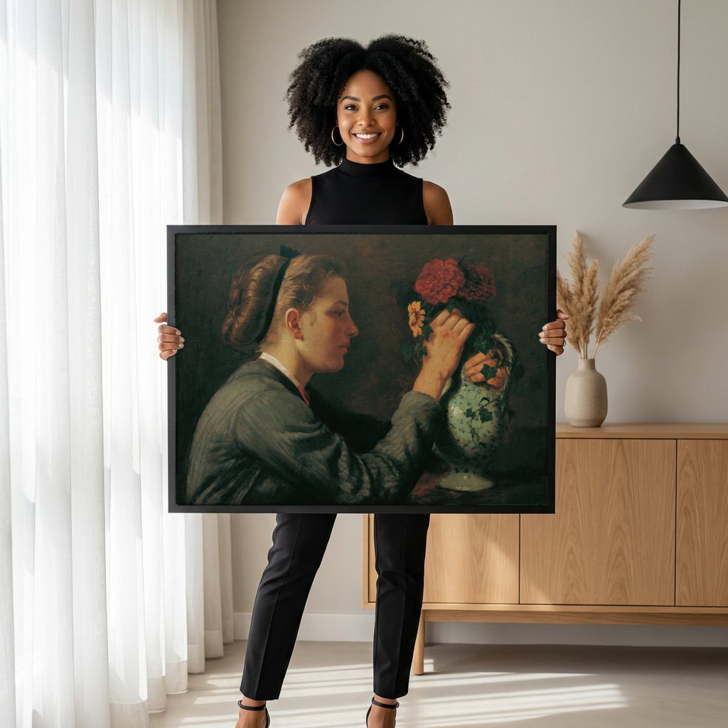 Quadro Decorativo A Jovem e as Flores - Hans Thoma com modelo em ambiente