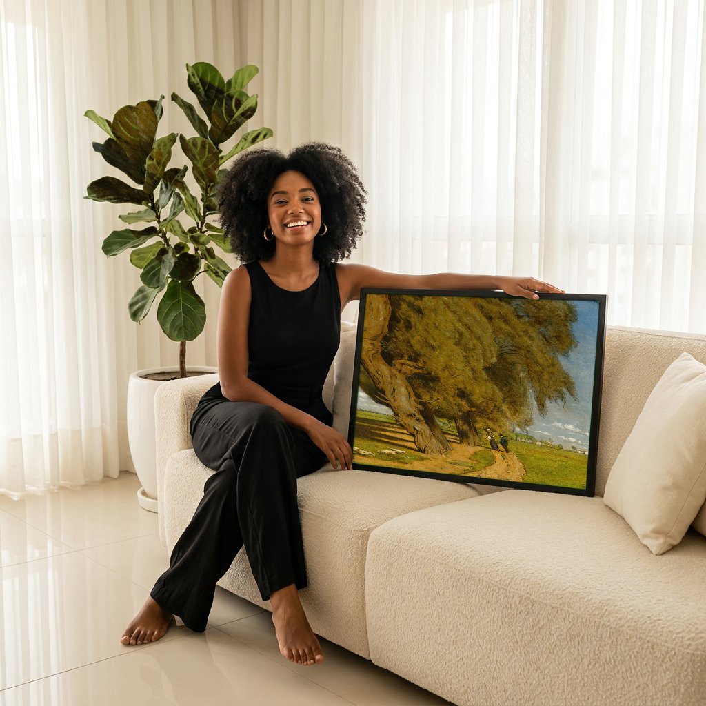 Quadro Decorativo Caminho na Floresta - Hans Thoma com modelo em ambiente