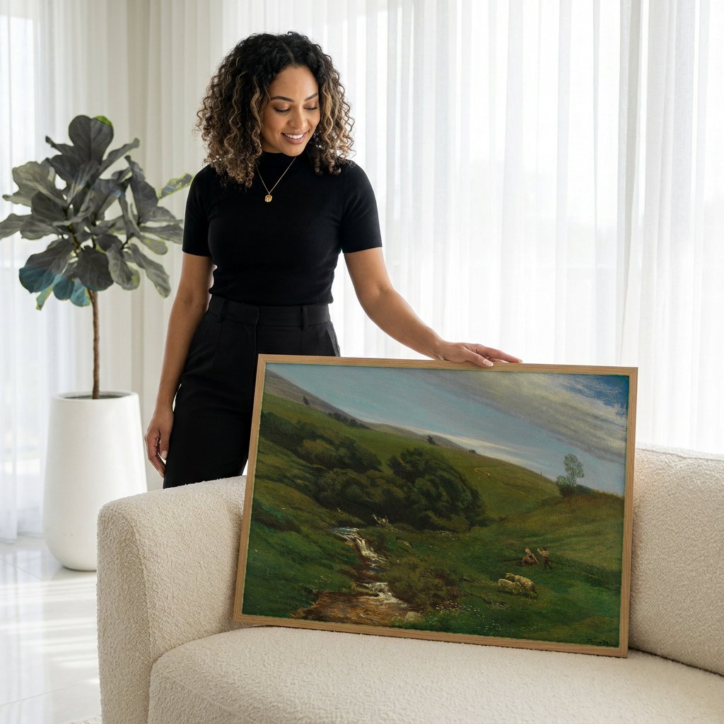 Quadro Decorativo Paisagem com Riacho - Hans Thoma com modelo em ambiente