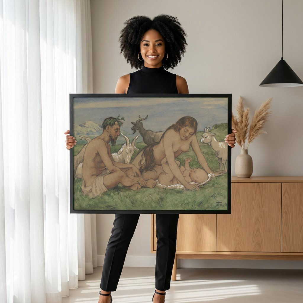 Quadro Decorativo A Família de Sátiro - Hans Thoma com modelo em ambiente