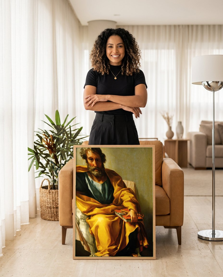 Quadro Decorativo São Pedro - Anton Raphael Mengs com modelo em ambiente
