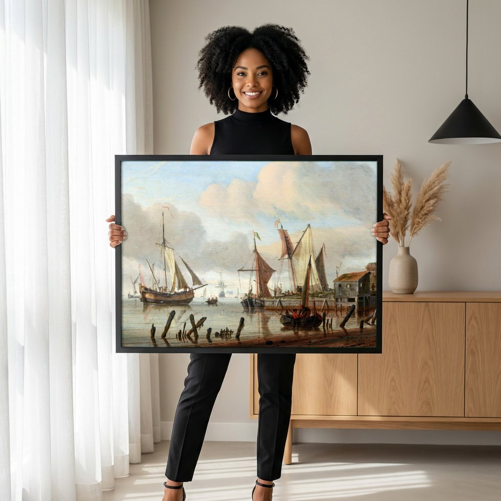 Quadro Decorativo Porto Holandês - Abraham Storck com modelo em ambiente