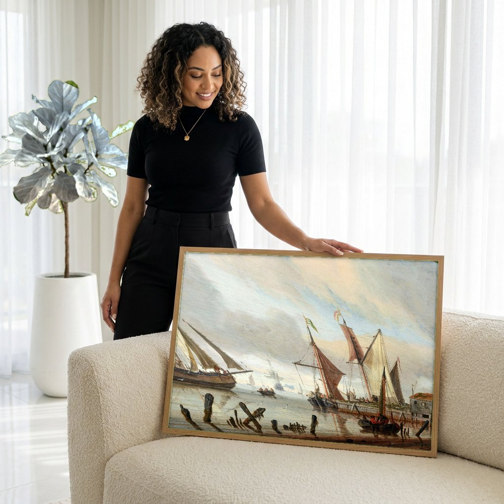 Quadro Decorativo Porto Holandês - Abraham Storck com modelo em ambiente