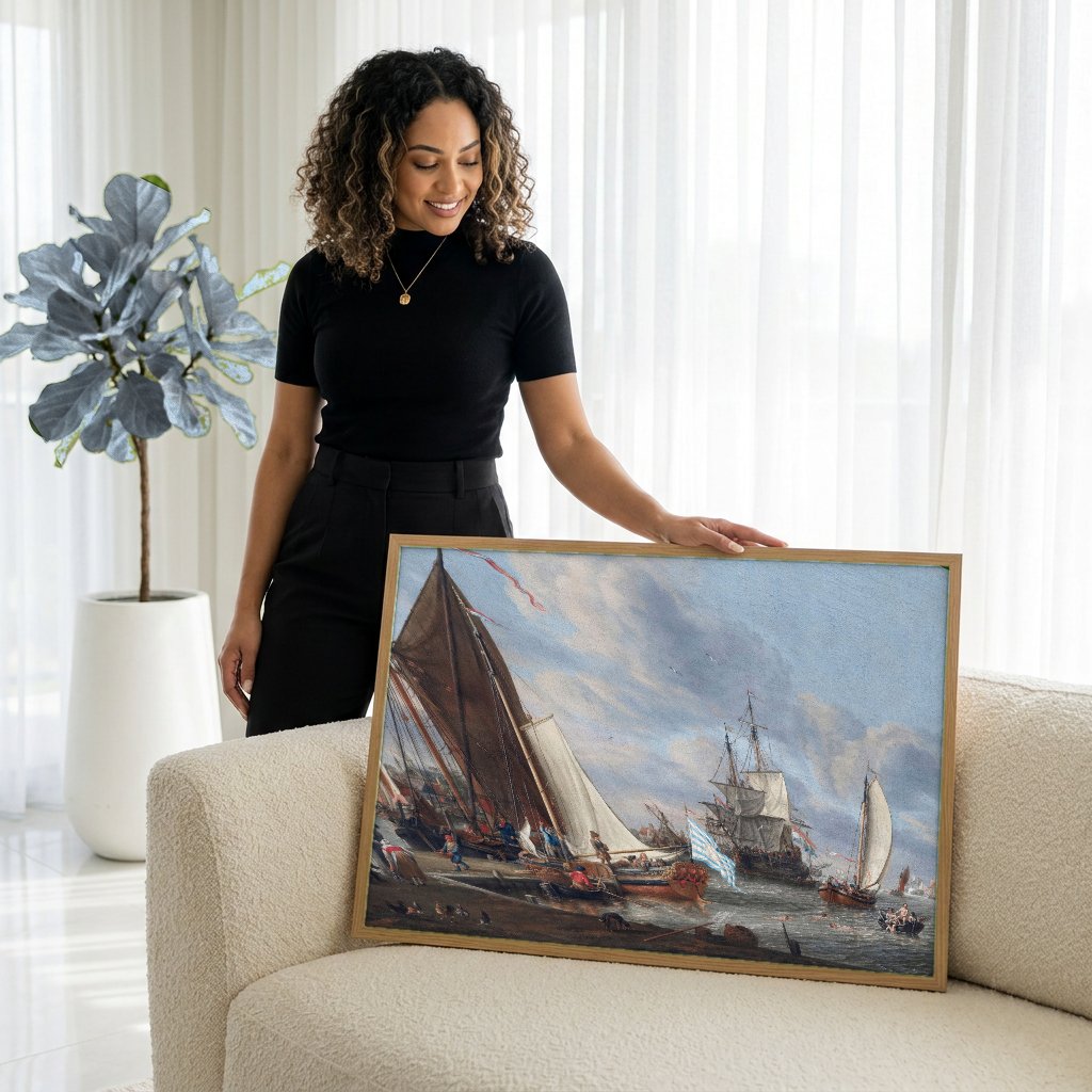 Quadro Decorativo Porto Holandês - Abraham Storck com modelo em ambiente
