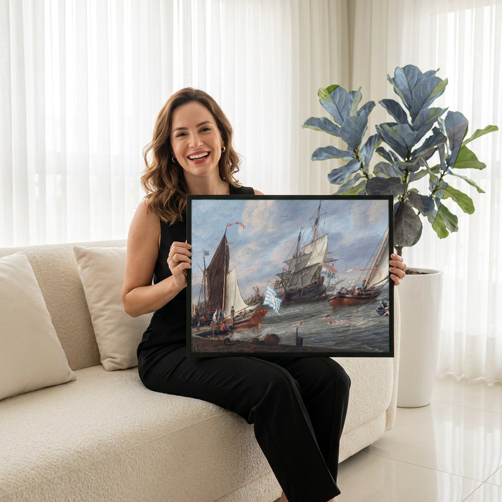 Quadro Decorativo Porto Holandês - Abraham Storck com modelo em ambiente
