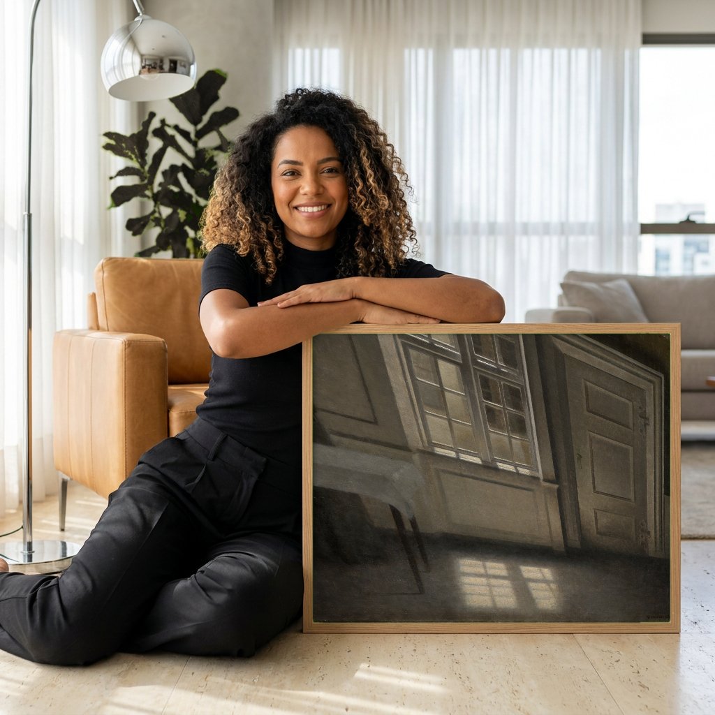 Quadro Decorativo Interior Iluminado - Hammershøi com modelo em ambiente