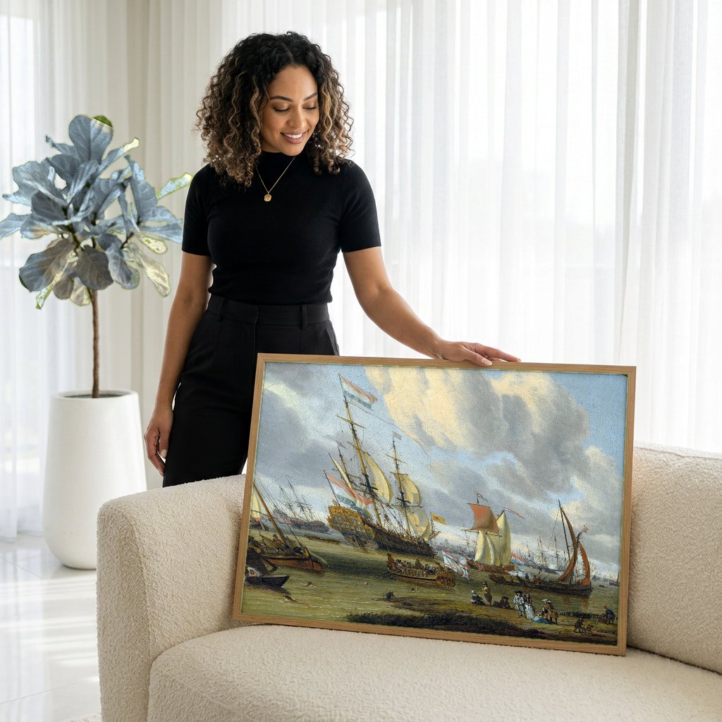 Quadro Decorativo Porto Holandês - Abraham Storck com modelo em ambiente