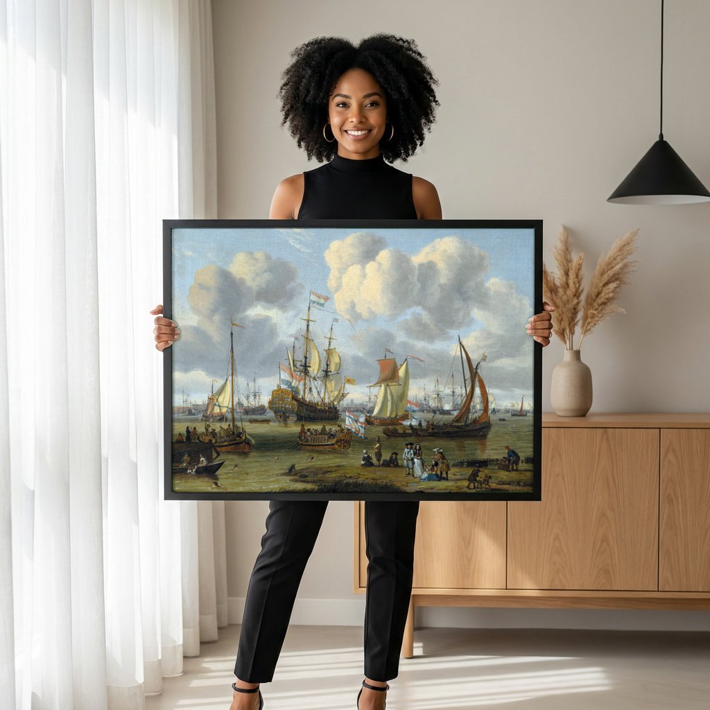 Quadro Decorativo Porto Holandês - Abraham Storck com modelo em ambiente