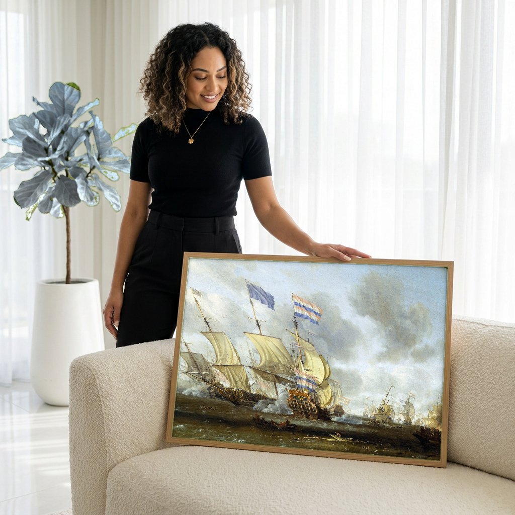 Quadro Decorativo Batalha Naval - Abraham Storck com modelo em ambiente