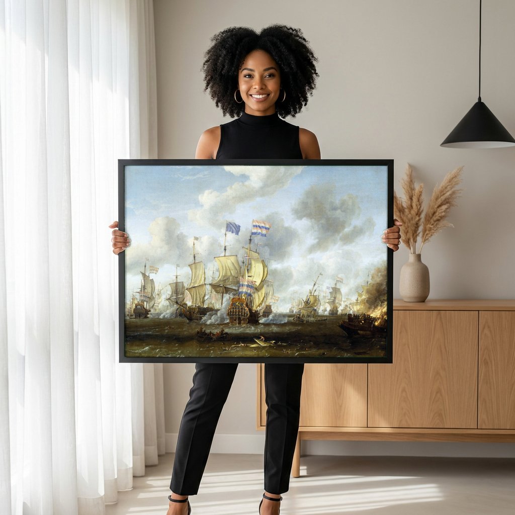 Quadro Decorativo Batalha Naval - Abraham Storck com modelo em ambiente