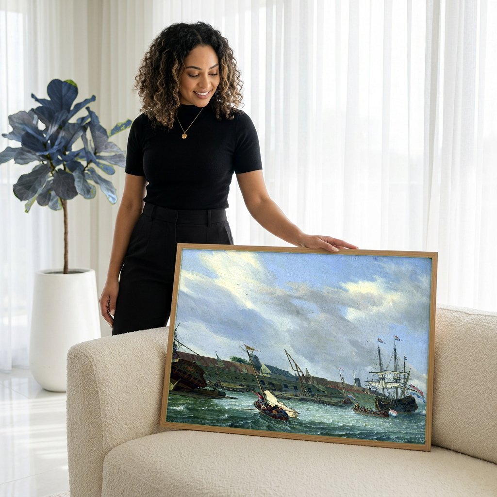 Quadro Decorativo Porto Holandês - Abraham Storck com modelo em ambiente