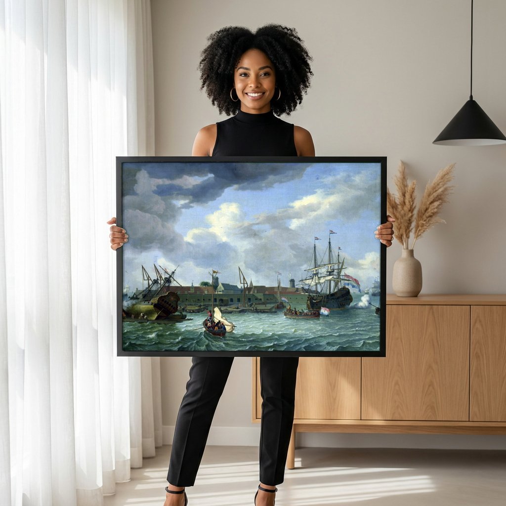 Quadro Decorativo Porto Holandês - Abraham Storck com modelo em ambiente