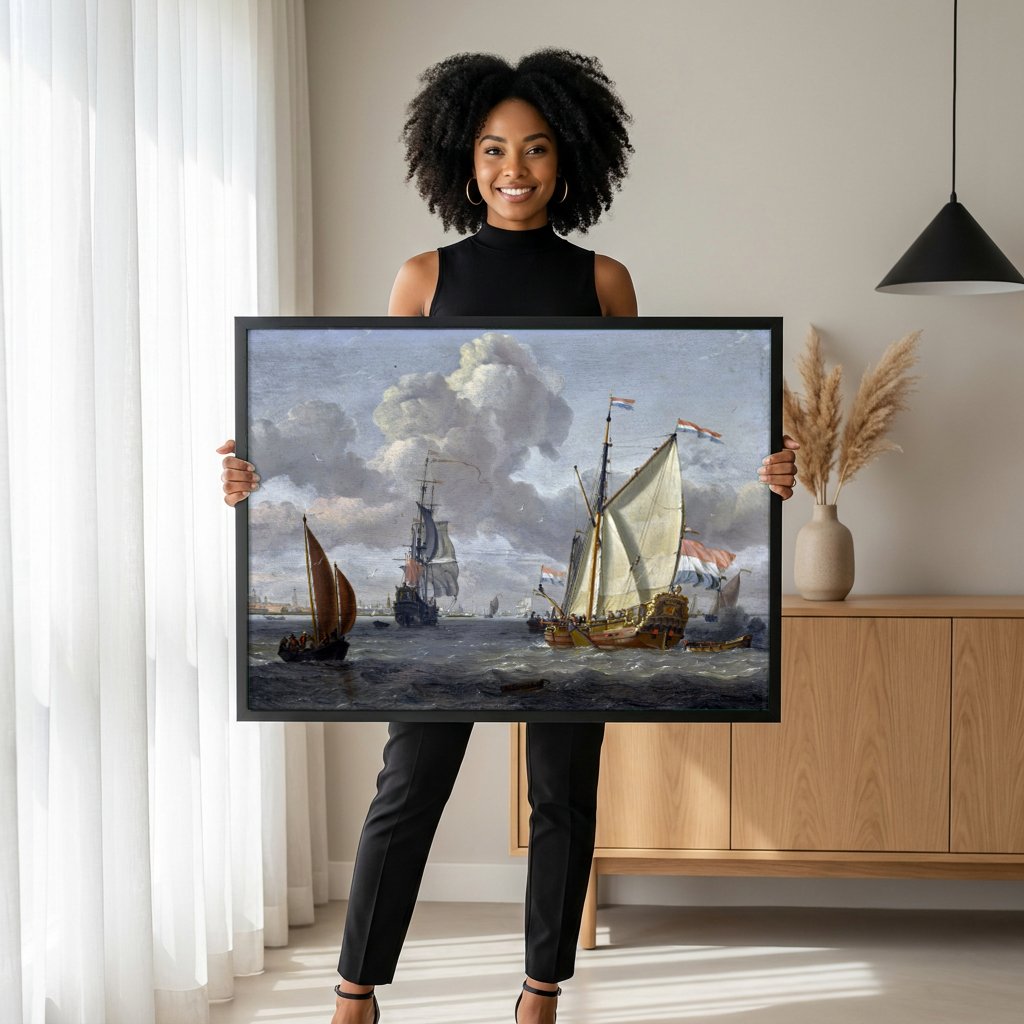 Quadro Decorativo Porto Holandês - Abraham Storck com modelo em ambiente