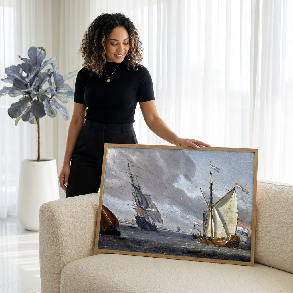 Quadro Decorativo Porto Holandês - Abraham Storck com modelo em ambiente