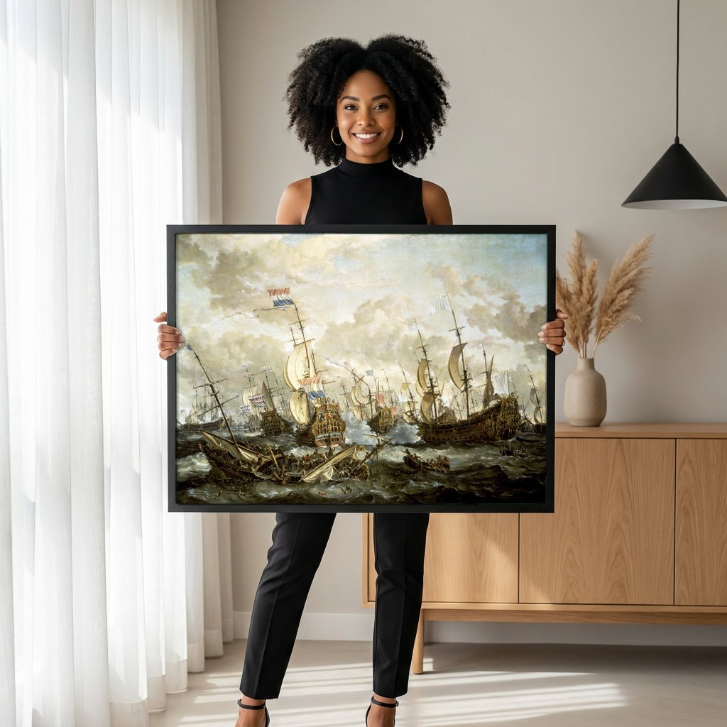 Quadro Decorativo Batalha Naval - Abraham Storck com modelo em ambiente