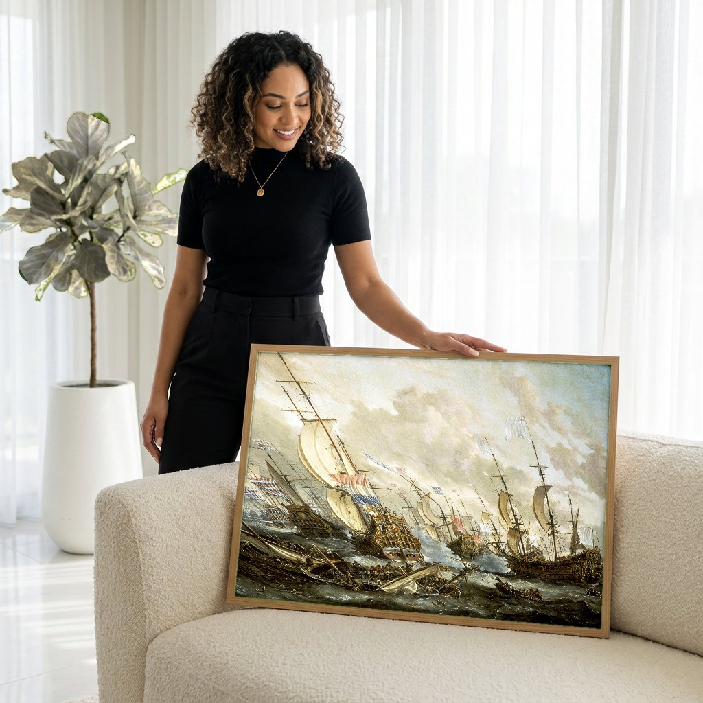 Quadro Decorativo Batalha Naval - Abraham Storck com modelo em ambiente