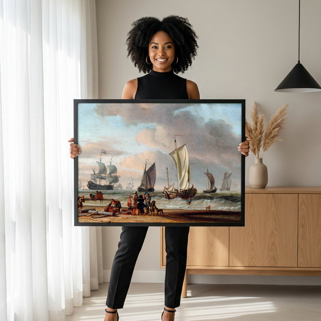 Quadro Decorativo Porto Holandês - Abraham Storck com modelo em ambiente