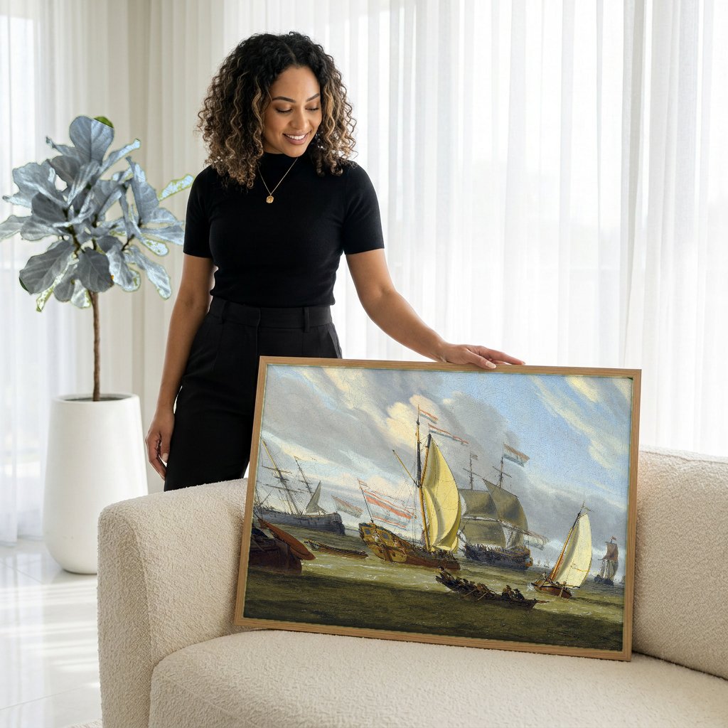 Quadro Decorativo Porto Holandês - Abraham Storck com modelo em ambiente