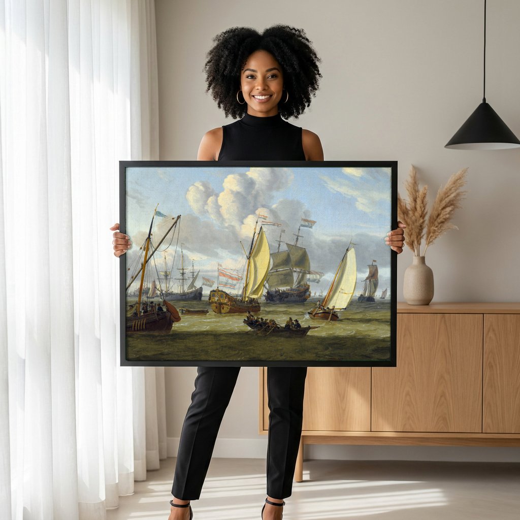 Quadro Decorativo Porto Holandês - Abraham Storck com modelo em ambiente