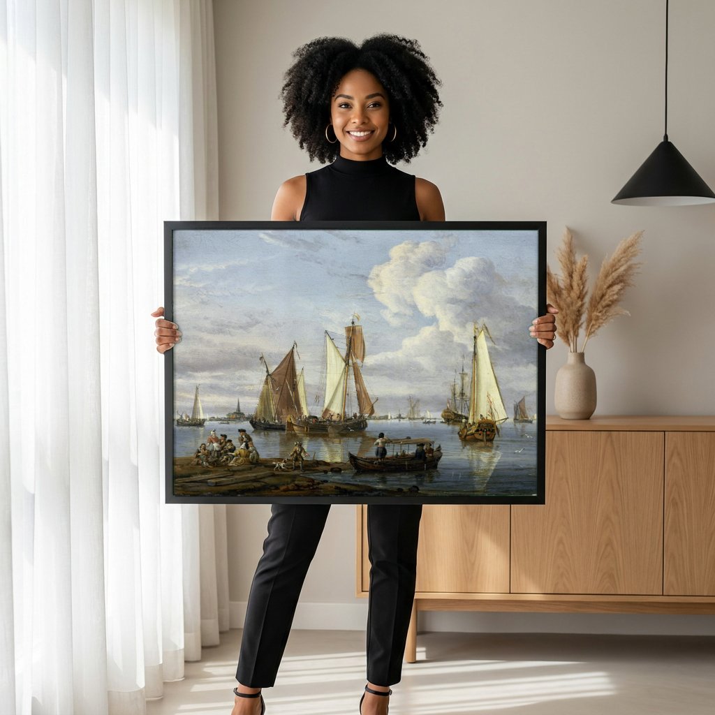 Quadro Decorativo Porto Holandês - Abraham Storck com modelo em ambiente