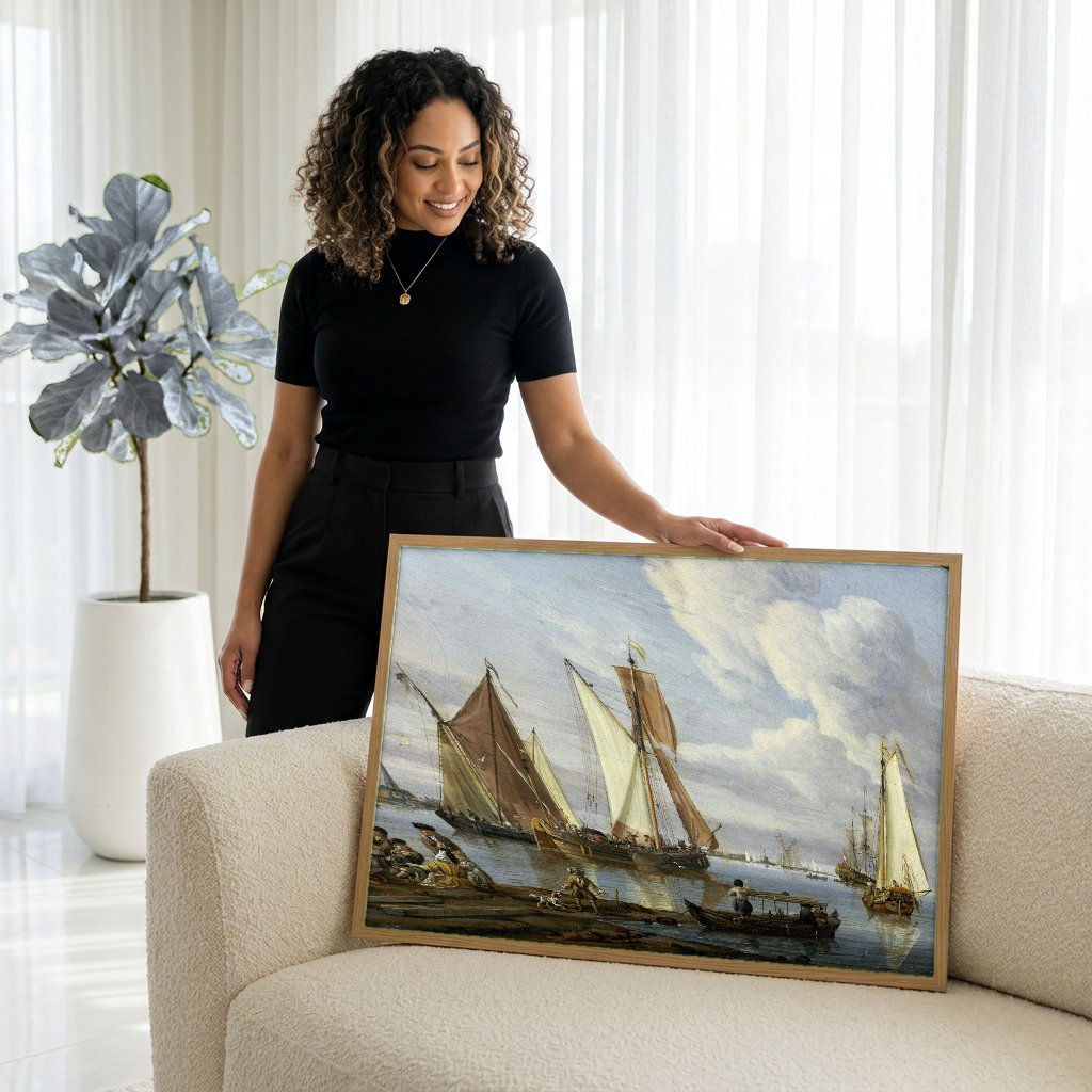 Quadro Decorativo Porto Holandês - Abraham Storck com modelo em ambiente