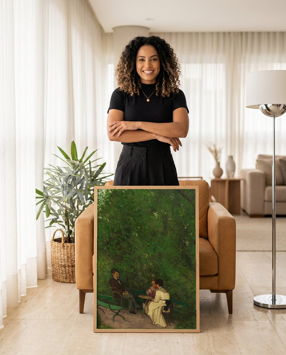 Quadro Decorativo Encontro no Jardim - Hans Thoma com modelo em ambiente