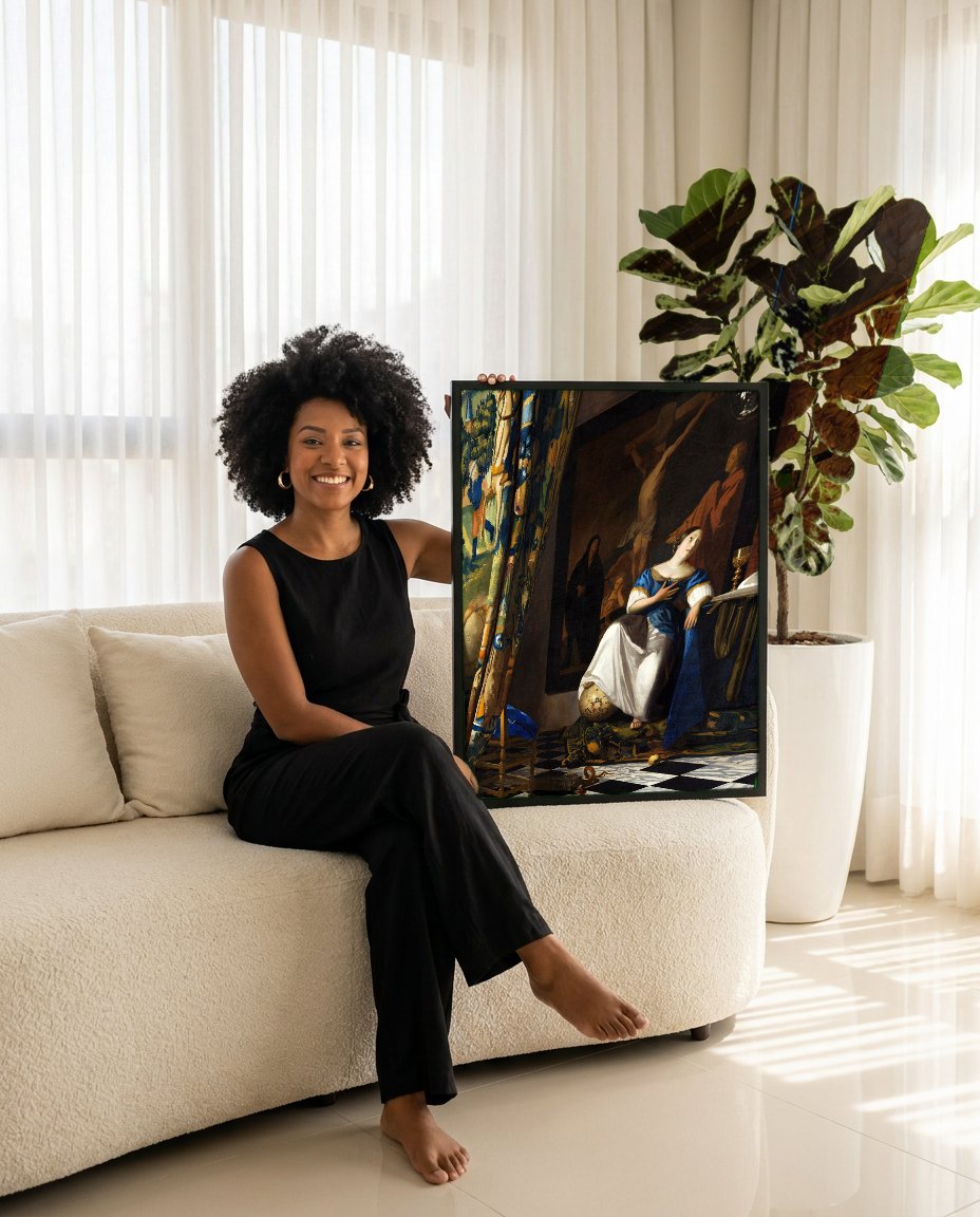 Quadro Decorativo A Alegoria da Fé - Johannes Vermeer com modelo em ambiente