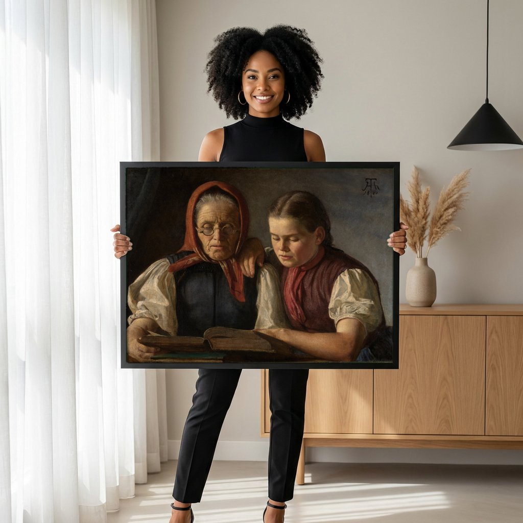 Quadro Decorativo A Lição de Leitura - Hans Thoma com modelo em ambiente