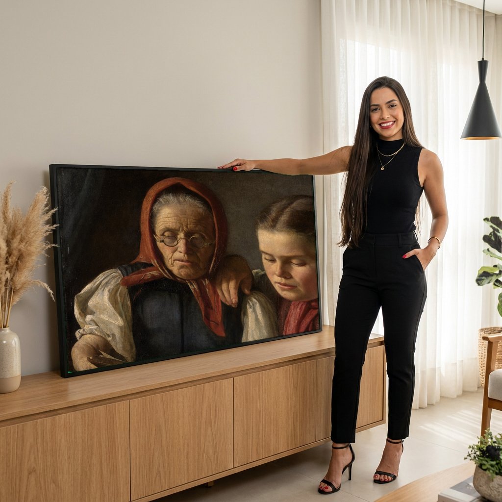 Quadro Decorativo A Lição de Leitura - Hans Thoma com modelo em ambiente